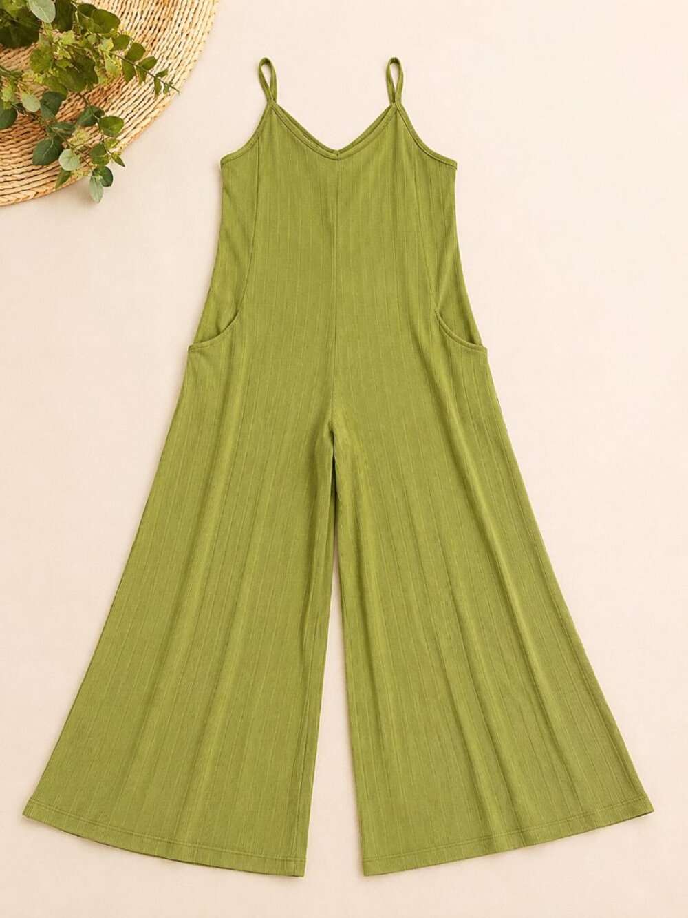 Bucket List Lime Green Ribbed Wide Leg Jumpsuit Medium Sleeveless Pockets